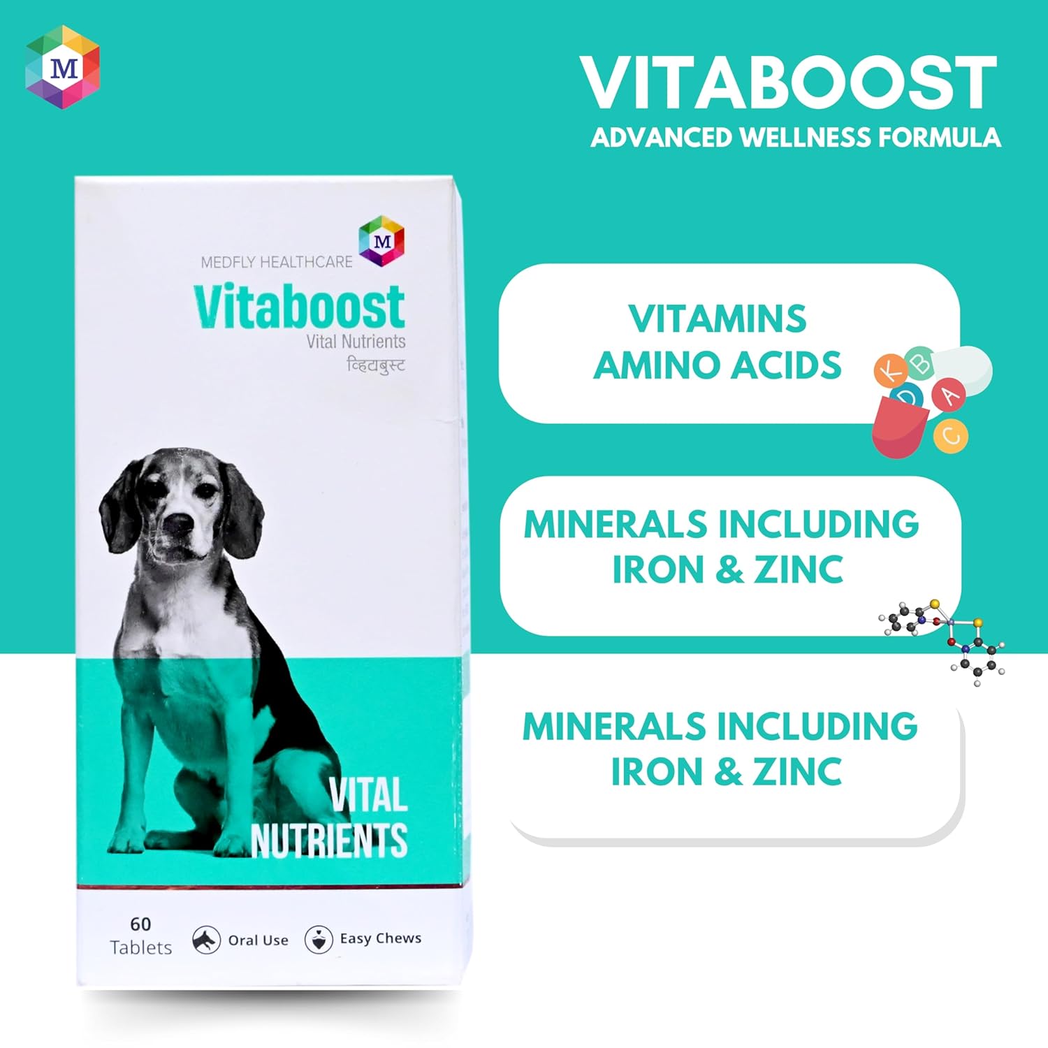 Vitaboost Multivitamins and Minerals Supplement for Dogs - Promotes Hair Loss Control, Skin & Coat Health, Faster Growth & Recovery - Pack of 60 Tablets