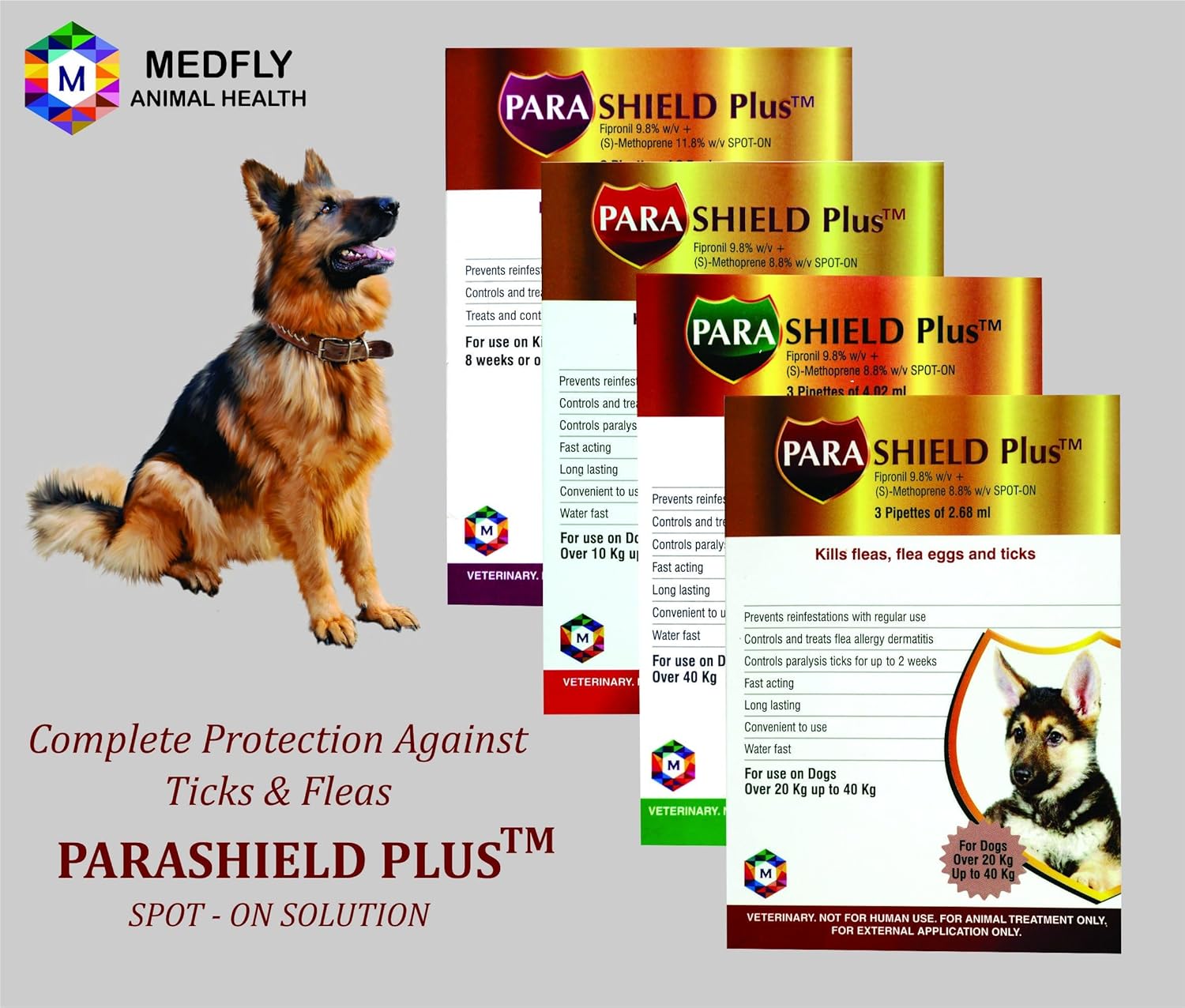 Parashield Plus Spot On Solution for Prevention & Treatment of Ticks, Fleas & Chewing Lice Infestation in Dogs (Over 20 kg up to 40 kg)